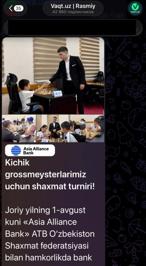 Kichik grossmeysterlarimiz uchun shaxmat turniri!