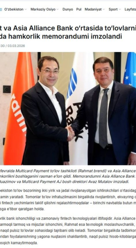Rahmat va Asia Alliance Bank o‘rtasida to‘lovlarni qabul qilish sohasida hamkorlik memorandumi imzol...